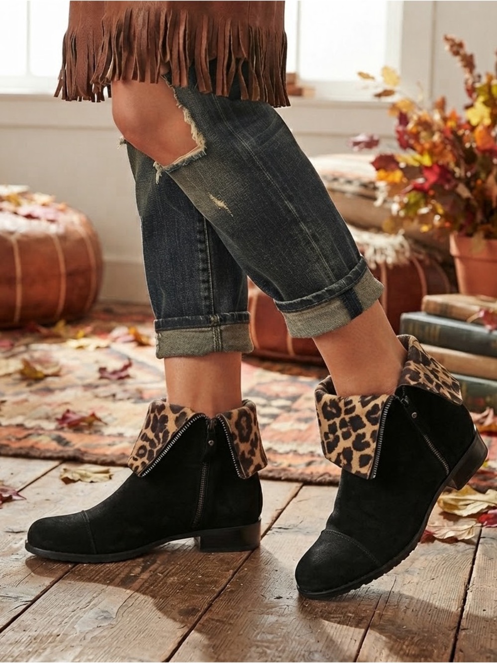 Stuart Weitzman Duluth Black Suede and Leopard Zip Flat Boots Size 6